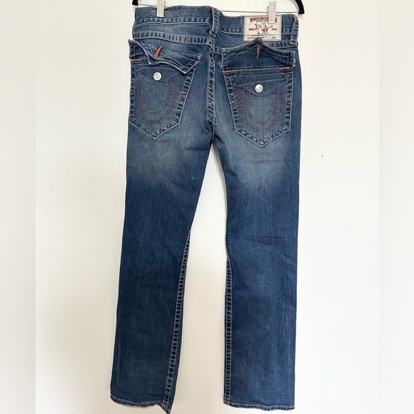 True Religion Men's 32 Orange & White Stitch Blue Straight Flap Horseshoe - Picture 3 of 4